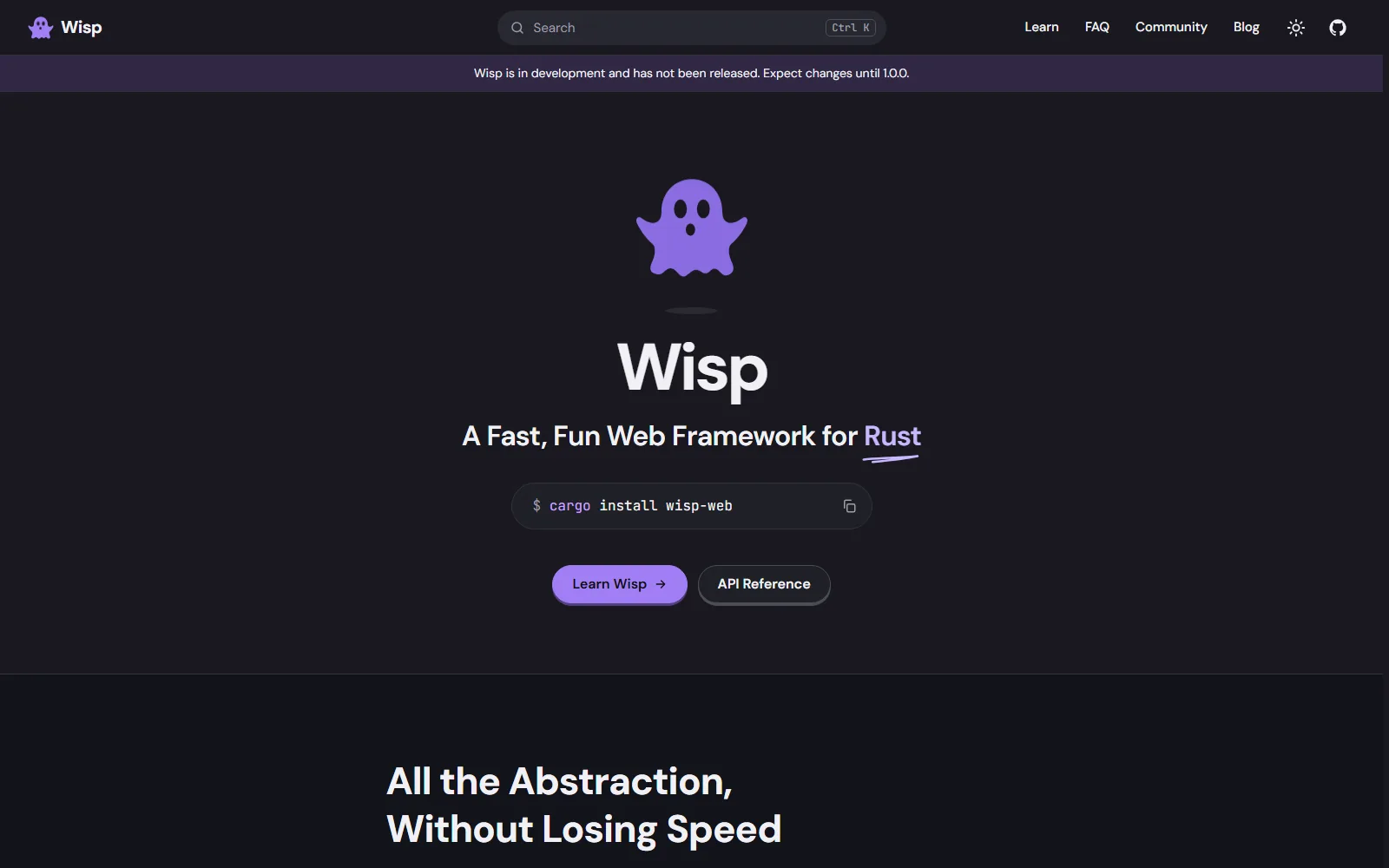 The Wisp home page: a purple ghost over the name, "A Fast, Fun Web Framework for Rust" and the cargo install command.